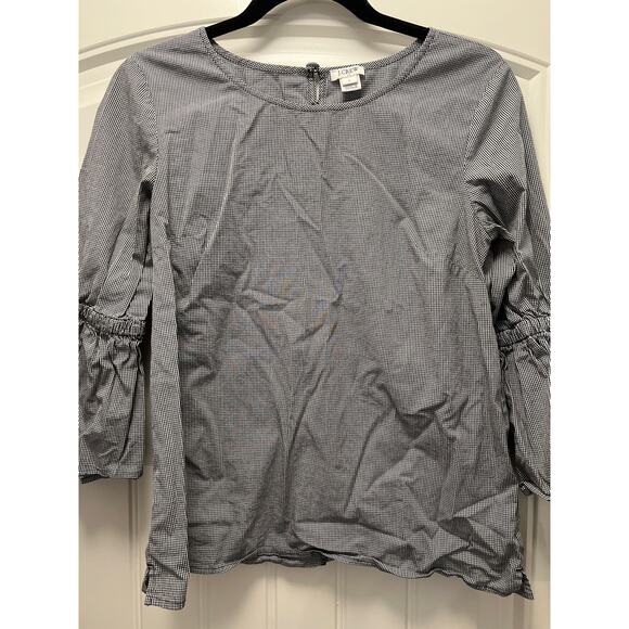 J. Crew Women’s Tie Bell Sleeves Crew Neck Gingham Plaid Top Size S Black White - Picture 3 of 4